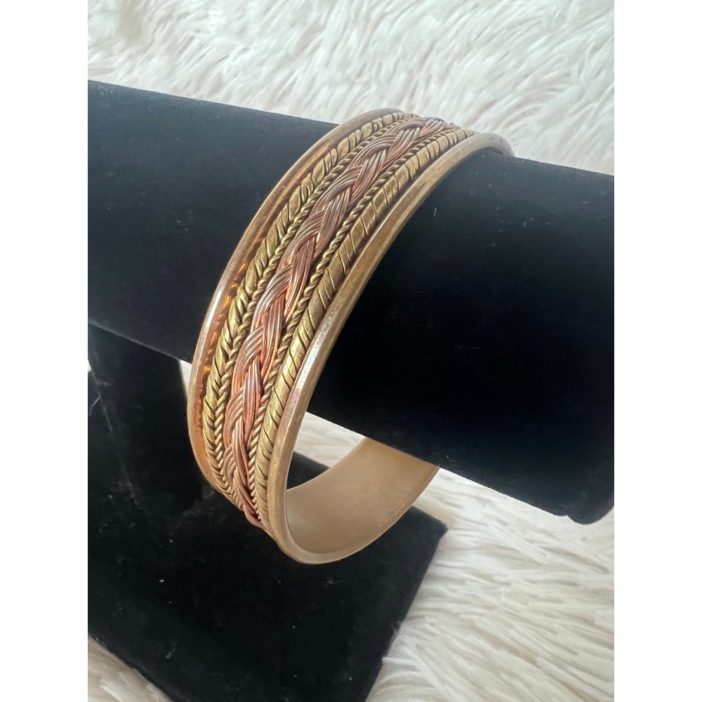 Braided Cuff Bracelet Mixed Metal Copper Brass Boho Vintage Artisan Rustic Earth